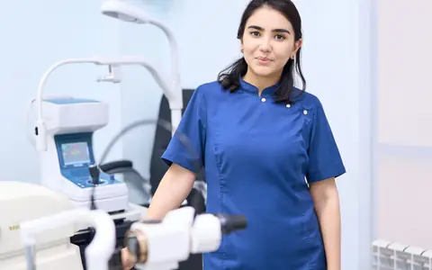 Доктор Бегайдарова, детский офтальмолог BABY EYE CLINIC, у щелевой лампы