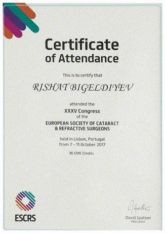 Сертификат участника XXXV конгресса ESCRS, Лиссабон, 2017, Бигельдиев Р. К.
